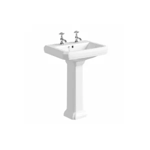 Kartell Astley 600mm two tap hole traditional basin sink with pedestal basin, gloss finish, ceramic construction and rectangular shape.