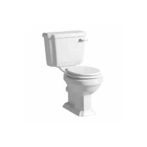 Kartell Astley close coupled traditional open back toilet pan with rounded bowl with decorative pedestal base shape, white finish, vitreous china construction and floor mounted installation.