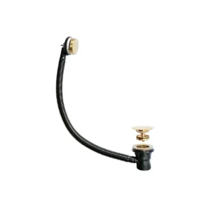 Kartell brushed brass click-clack bath waste with bath waste with overflow installation, click-clack bath waste, overflow fitting and flexible connecting hose and bath waste and overflow kit.