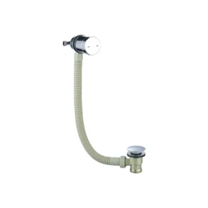 Kartell designer chrome overflow filling valve bath waste with overflow filler and mixer control, connecting pipework and bath waste, bath overflow filler and waste combination