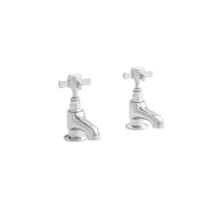 Kartell Klassique chrome crosshead bath pillar taps pair with two crosshead handles, polished chrome finish, brass construction and round shape.
