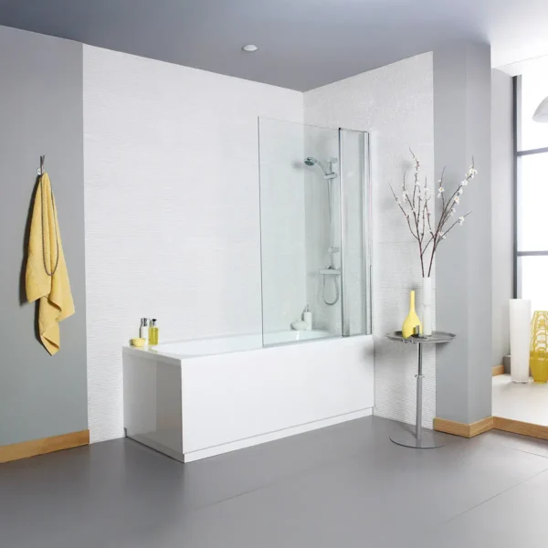 Alternate view of Kartell Koncept 1400 x 1000mm square edge extended bath screen with hinged screen, chrome frame and clear 6mm toughened safety glass.