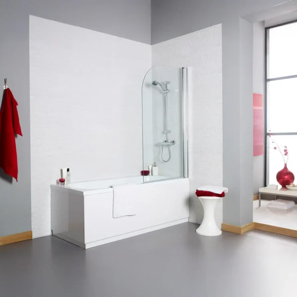 Alternate view of Kartell Koncept 1400 x 780mm radius hinged bath screen with radius edge screen design, bath mounted and wall fixed installation, polished chrome frame and clear 6mm toughened safety glass.