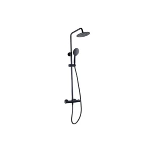 Kartell Nero round black exposed valve shower & handset kit with thermostatic bar valve, fixed overhead head and sliding handset kit, complete mixer shower, matt finish and brass and plastic construction.