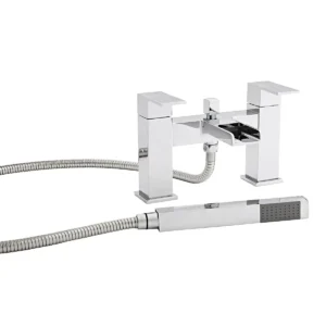 Kartell Phase chrome waterfall bath tap & shower handset with bath shower mixer, two lever handles, chrome finish and brass construction.
