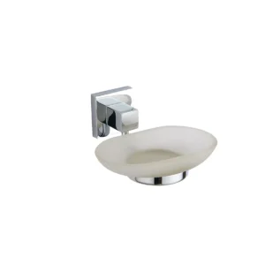 Kartell Pure frosted glass soap dish & square chrome holder with frosted glass construction, chrome finish, wall mounted installation and soap dish and holder.