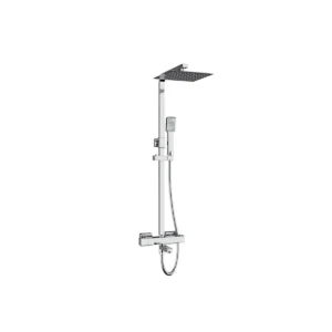 Kartell Pure square bath filler bar riser handset & overhead shower set with thermostatic bar shower with rigid riser and bath filler spout, chrome finish and brass construction.