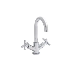 Kartell Times chrome crosshead mono swan neck basin mixer tap with two crosshead handles, polished chrome finish, brass construction and swan neck.