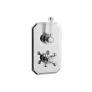 Kartell Viktory concealed single outlet white handle shower valve with gloss chrome finish, brass construction, single outlets and independent thermostatic cartridge temperature control.