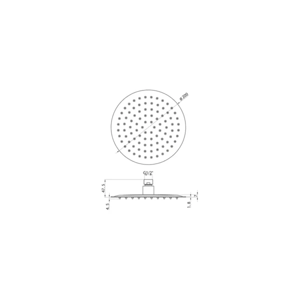 Dimension drawing for Scudo 200mm chrome round stainless steel shower head showing width 200mm, manufacturer-listed height 475mm, projection 200mm and inlet connection size 1/2 BSP.