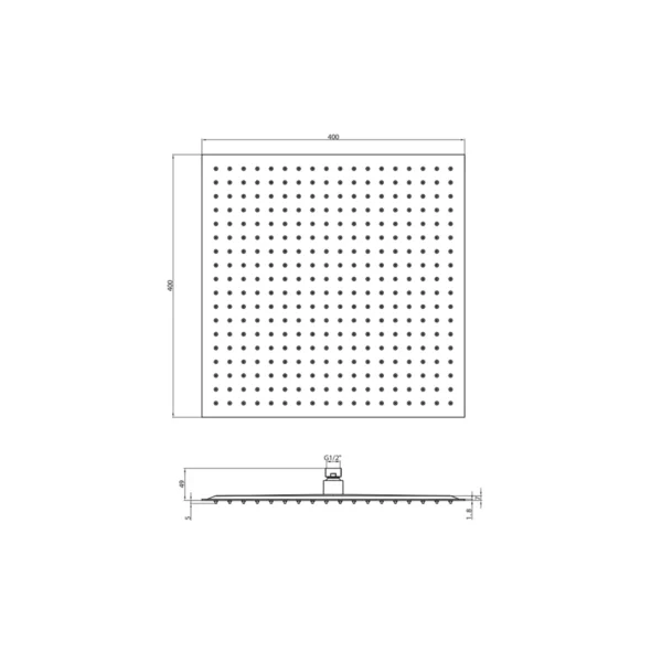 Dimension drawing for Scudo 400mm chrome square stainless steel shower head showing width 400mm, height 49mm, projection 400mm and inlet connection size 1/2 BSP.