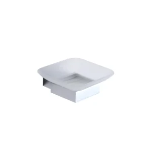 Scudo Alpha polished chrome square arm white glass soap dish with polished chrome finish, brass construction, wall mounted installation and soap dish and holder.