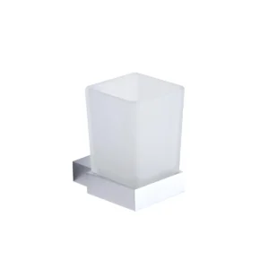 Scudo Alpha square chrome frosted glass tumbler holder with polished chrome holder and frosted glass tumbler, polished chrome finish, brass construction and wall mounted installation.