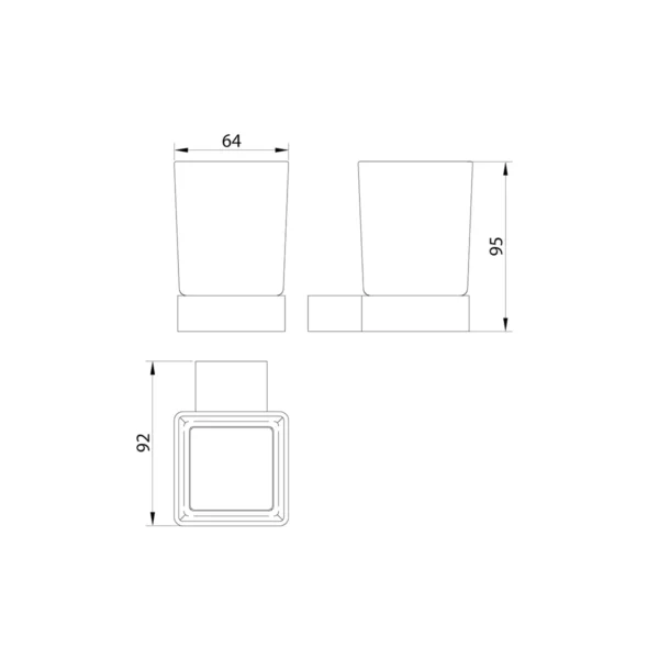 Dimension drawing for Scudo Alpha square chrome frosted glass tumbler holder showing width 64mm, height 95mm and projection 92mm.