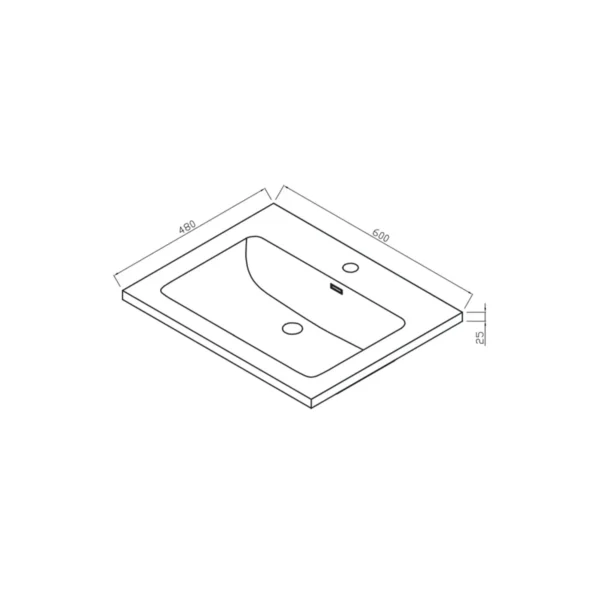Dimension drawing for Scudo Ambience 600mm wide matt grey vanity unit basin showing width 600mm, inner bowl width 500mm, height 25mm and inner bowl depth 305mm.