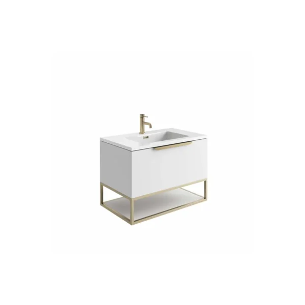 Alternate view of Scudo Ambience 800mm brushed brass frame with white shelf with brushed brass frame, vanity support frame with shelf, wall mounted installation and beneath a wall-hung vanity unit installation.