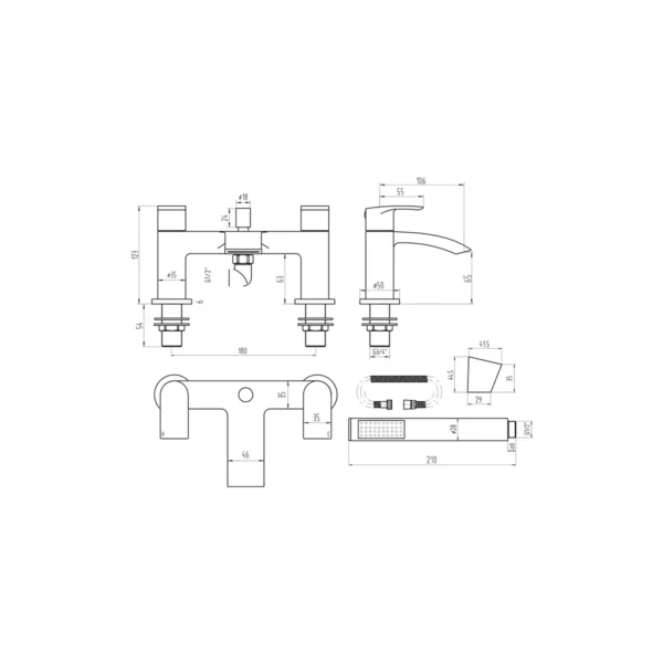 Dimension drawing for Scudo Belini chrome curved spout bath shower mixer set showing tap-hole diameter 32mm.