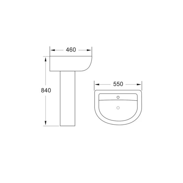 Dimension drawing for Scudo Belini/Deia gloss white full pedestal showing basin widths 450mm, 500mm and 550mm.