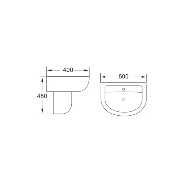 Dimension drawing for Scudo Belini/Deia gloss white semi-pedestal showing basin widths 450mm, 500mm and 550mm and completed basin and pedestal height Approximately 480mm.