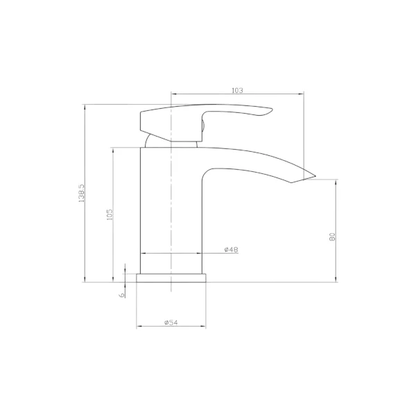 Dimension drawing for Scudo Belini matt black mono round basin mixer tap & push waste showing tap-hole diameter 35mm.