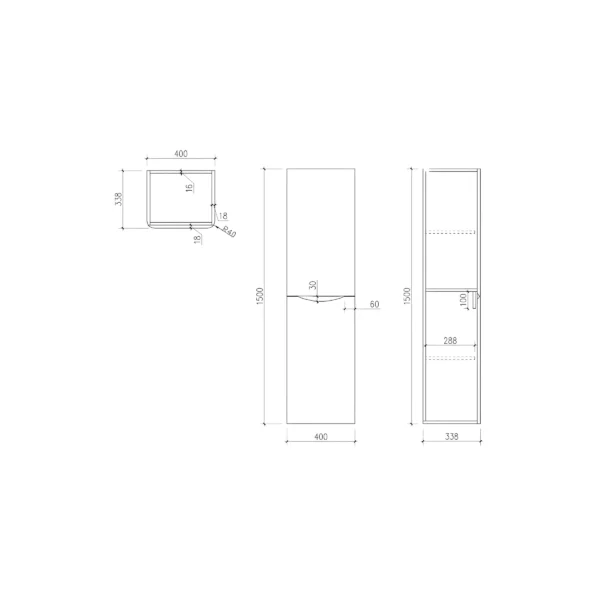 Dimension drawing for Scudo Bella 1500mm matt grey tall 2 door wall-hung storage unit showing width 400mm, door opening width 255mm, height 1500mm and projection 338mm.