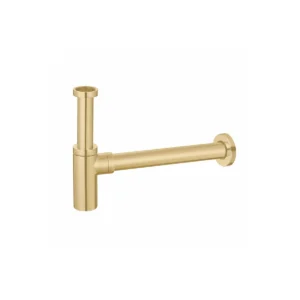 Scudo brushed brass minimalist basin bottle trap with brushed brass finish, 304 stainless steel / zinc-plated steel construction, round shape and wall mounted installation.