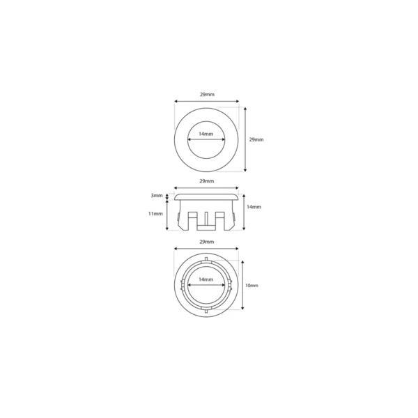 Dimension drawing for Scudo brushed brass round basin overflow insert showing depth 10mm, insert depth Approximately 7mm, visible face thickness Approximately 3mm and outer diameter 29mm.