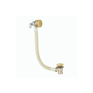 Scudo brushed brass round click overflow filler waste with bath waste filler installation, bath filler and overflow waste, brushed brass finish and 304 stainless steel and brass construction.