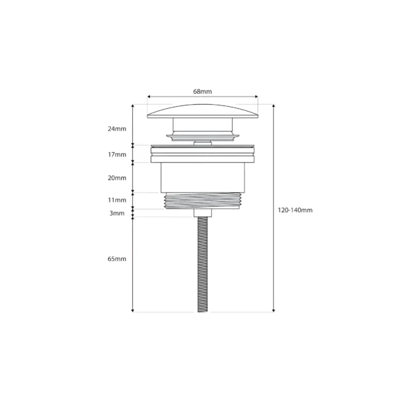 Dimension drawing for Scudo brushed brass universal bathroom basin waste showing approximate height 120–140mm, main body depth Approximately 20mm, lower operating rod length Approximately 65mm and cover diameter 68mm.