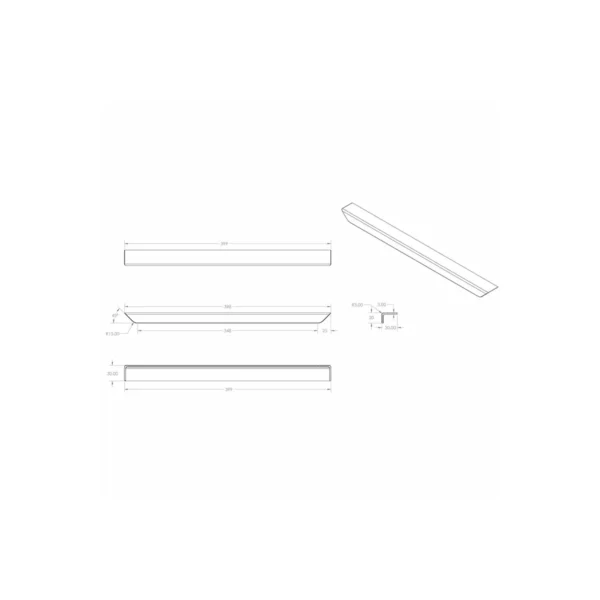 Dimension drawing for Scudo chevron 400mm matt black integrated handle showing nominal width 400mm, front face height 30mm, return depth 20mm and plate thickness 3mm.