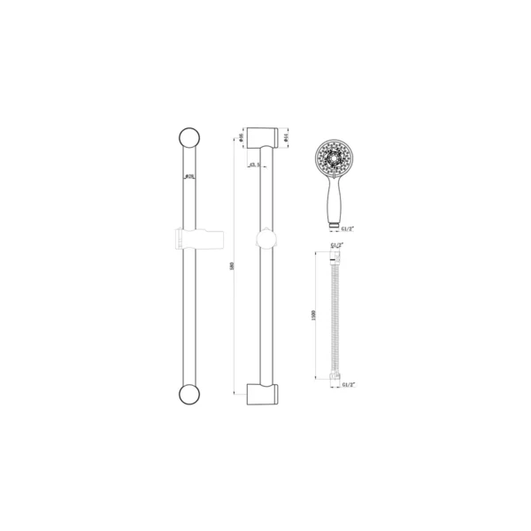 Dimension drawing for Scudo chrome round 3 function riser rail kit showing rail height 580mm, shower hose length 1500mm, inlet connection size 1/2-inch BSP and outlet connection size 1/2-inch BSP.