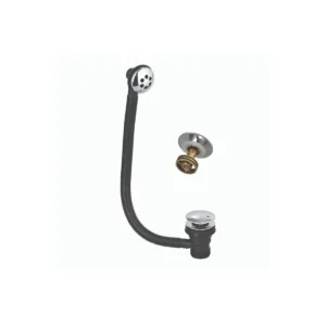 Scudo chrome round easy-clean click bath waste with clicker waste, overflow assembly and flexible hose, chrome finish and brass / stainless steel / plastic construction.
