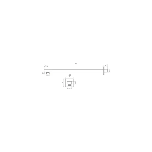 Dimension drawing for Scudo chrome square 435mm extended shower wall arm showing width 55mm, height 55mm and length 435mm.