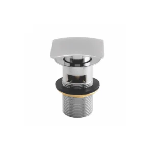 Top view of Scudo chrome square curved top slotted sprung basin waste with chrome finish, stainless steel construction, deck mounted installation and curved square dome shape.
