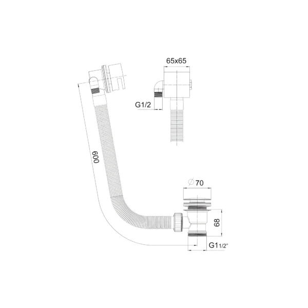 Dimension drawing for Scudo chrome square sprung waste overflow bath filler tap showing waste body height 68mm, overflow hose length 600mm, waste flange diameter 70mm and overflow faceplate size 65 x 65mm.