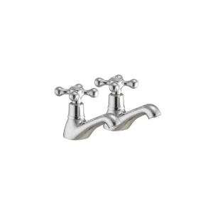 Scudo Classica traditional polished chrome bath taps with two crosshead handles, bath pillar taps, bath deck mounted installation and polished chrome finish.