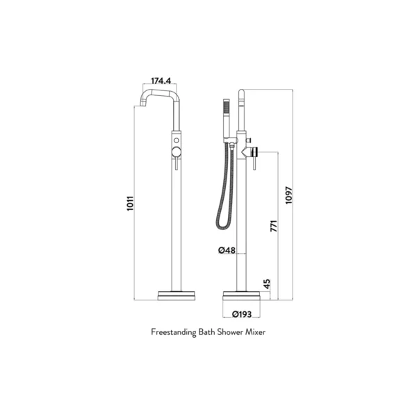 Dimension drawing for Scudo Core brushed brass freestanding bath shower mixer tap showing tap height 1097mm, spout reach 174.4mm and inlet connection size 3/4 BSP.