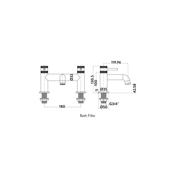 Dimension drawing for Scudo Core brushed brass round downwards curved spout bath filler tap showing tap height 130.5mm, tap hole diameter 32mm, spout reach 119.96mm and tap centres 180mm.