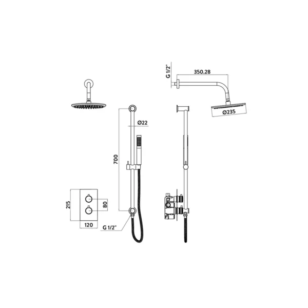 Dimension drawing for Scudo Core brushed brass round handle, head & handset riser kit showing shower arm length 350.28mm, shower head diameter 235mm and inlet connection size 1/2 BSP.