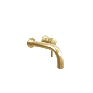 Scudo Core brushed brass wall mounted basin mixer tap with lever handle, brushed brass finish and mono mixer.