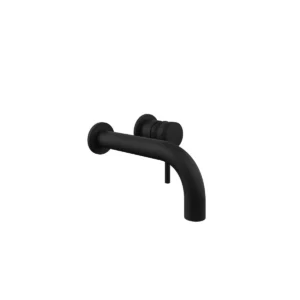 Scudo Core matt black wall-hung two hole basin mixer tap with wall-mounted basin mixer tap, lever handle, matt black finish and wall mounted installation.