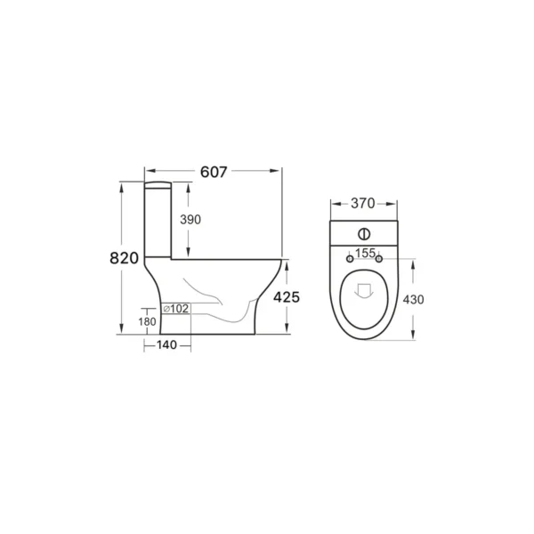 Dimension drawing for Scudo Deia rimless open back close coupled toilet showing width 370mm, height with cistern 820mm, pan height 425mm and projection 607mm.