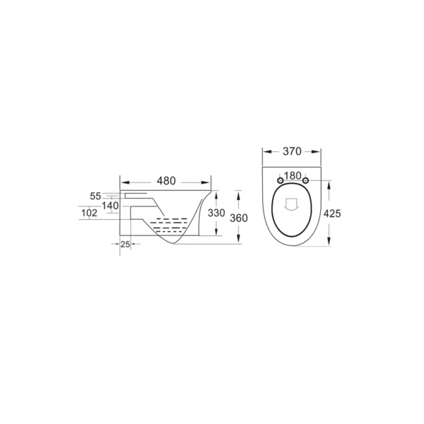 Dimension drawing for Scudo Deia round rimless wall-hung toilet showing width 365mm, height 420mm, pan height 360mm and projection 480mm.