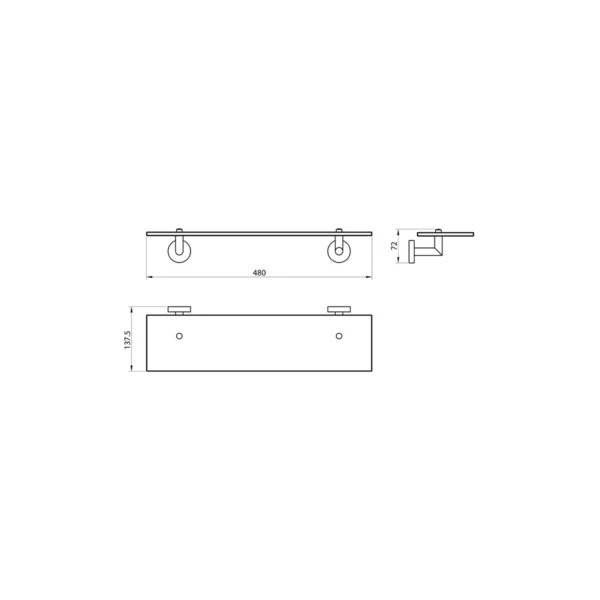 Dimension drawing for Scudo Delta 137.5mm polished chrome glass shelf showing width 137.5mm, height 72mm and length 480mm.