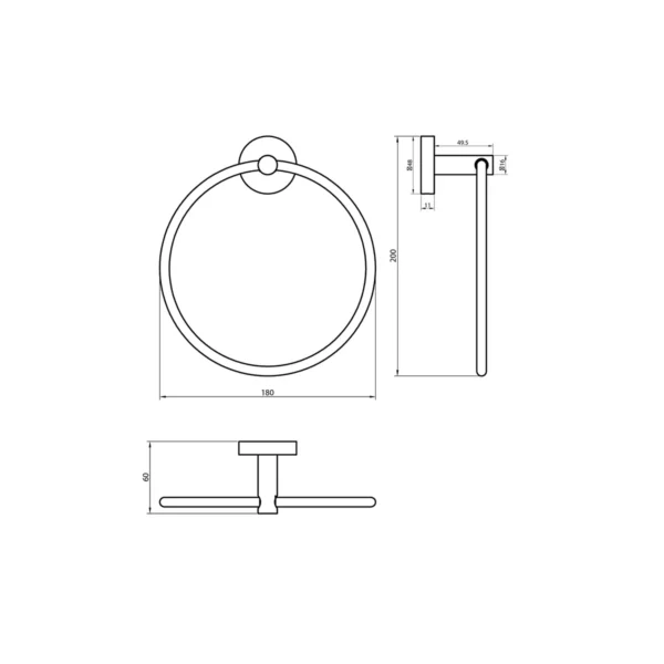 Dimension drawing for Scudo Delta 180mm polished chrome towel ring showing width 180mm, height 200mm and projection 60mm.