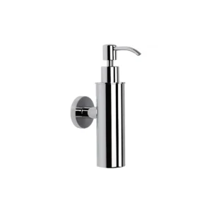 Scudo Delta polished chrome push soap dispenser with polished chrome finish, brass construction, wall mounted installation and round shape.