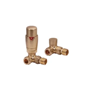 Scudo designer brushed brass corner TRV valves with thermostatic radiator valves, brushed brass finish and round shape.