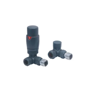 Scudo designer round anthracite corner TRV valves pair with thermostatic radiator valves and anthracite finish.
