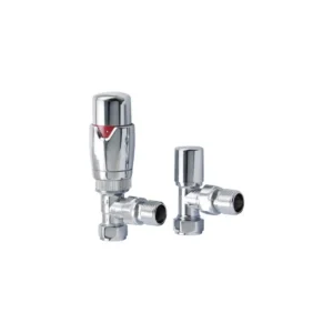 Scudo designer round chrome angled TRV valves pair with thermostatic radiator valves and chrome finish.