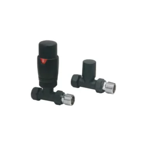 Scudo designer round matt black straight TRV valves pair with thermostatic radiator valves and matt black finish.